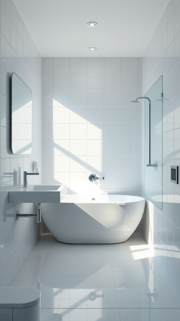 A modern bathroom featuring glossy tiles and a sleek design.