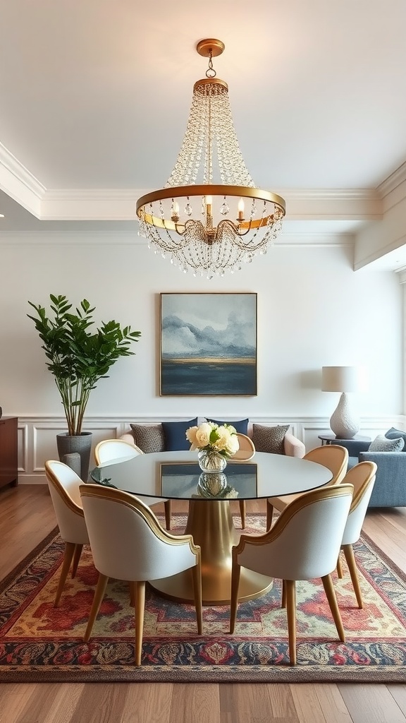 A stylish living room dining room combo featuring a round dining table with elegant chairs, a beautiful chandelier, and decorative plants.