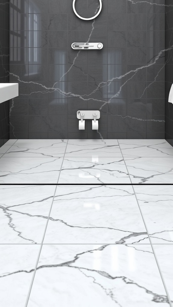 Modern bathroom floor with glossy marble tiles and contrasting grout.
