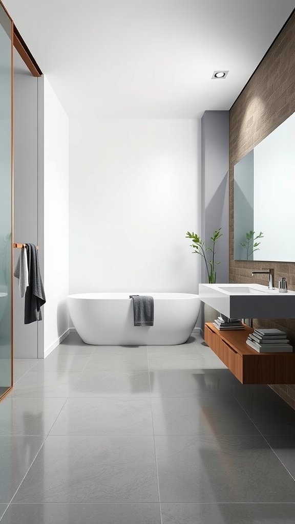 A modern bathroom featuring large format gray floor tiles, a freestanding bathtub, and a sleek vanity.