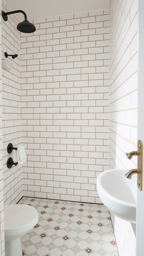 Bathroom featuring classic white subway tiles and decorative floor tiles.