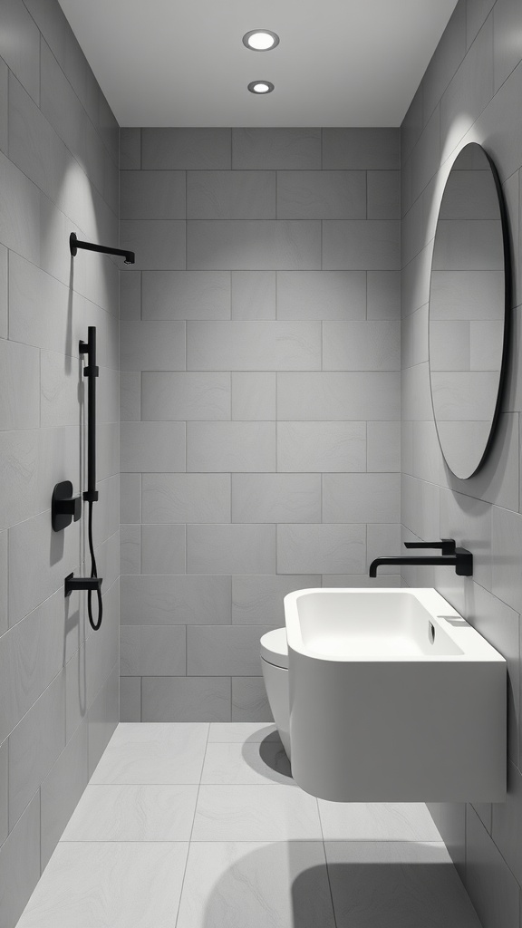 A modern bathroom featuring matte finish tiles in gray, with a sleek design including a wall-mounted sink and shower.