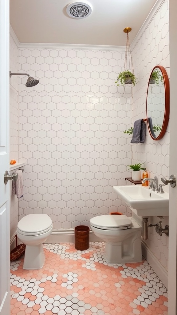 Modern bathroom featuring retro hexagon tiles in pink and white.