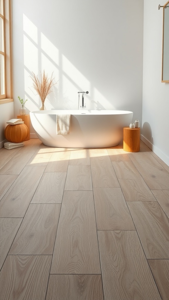 A modern bathroom featuring textured wood-look tiles on the floor with a white bathtub and natural light.