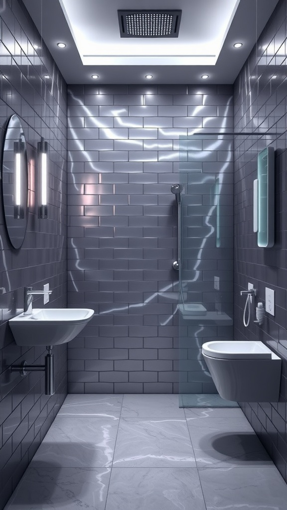A modern bathroom with metallic finish tiles, featuring sleek design and contemporary fixtures.