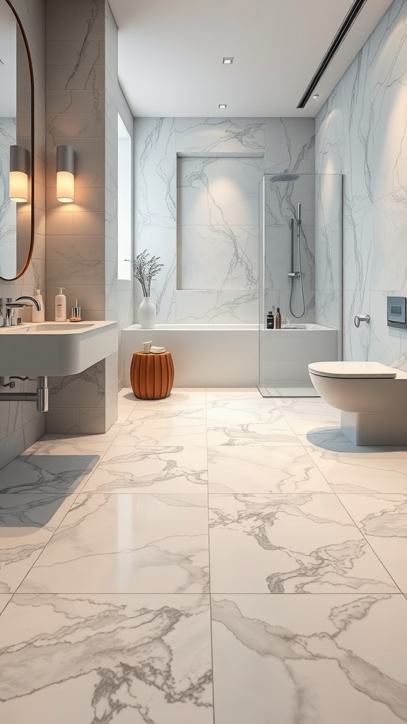 A modern bathroom featuring luxurious marble effect tiles on the floor.