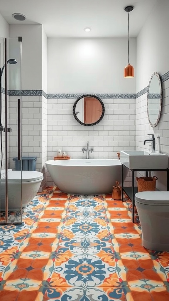 A modern bathroom featuring bold cement tiles with colorful patterns on the floor.