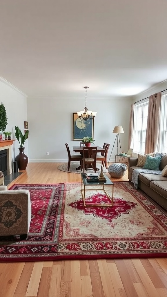 Living room and dining room combo featuring a large area rug.