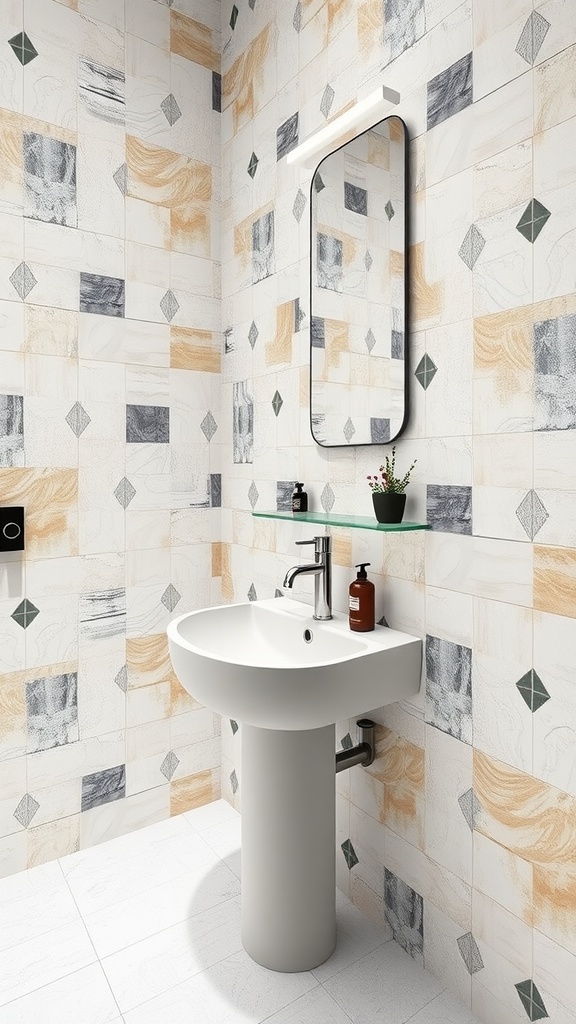 Modern bathroom with geometric patterned porcelain tiles and a sleek sink.