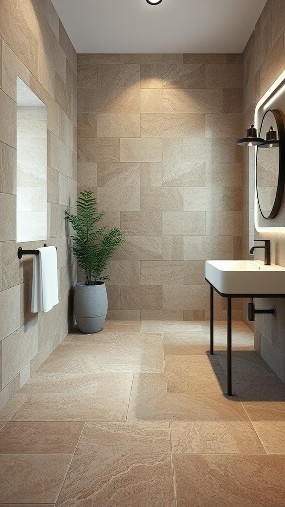 A modern bathroom featuring textured stone tiles, a large mirror, and a stylish sink with a plant for decoration.