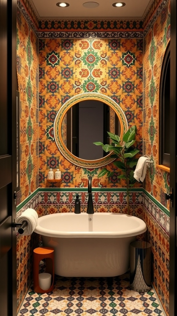A modern bathroom featuring intricate Moroccan tiles on the walls and floor.