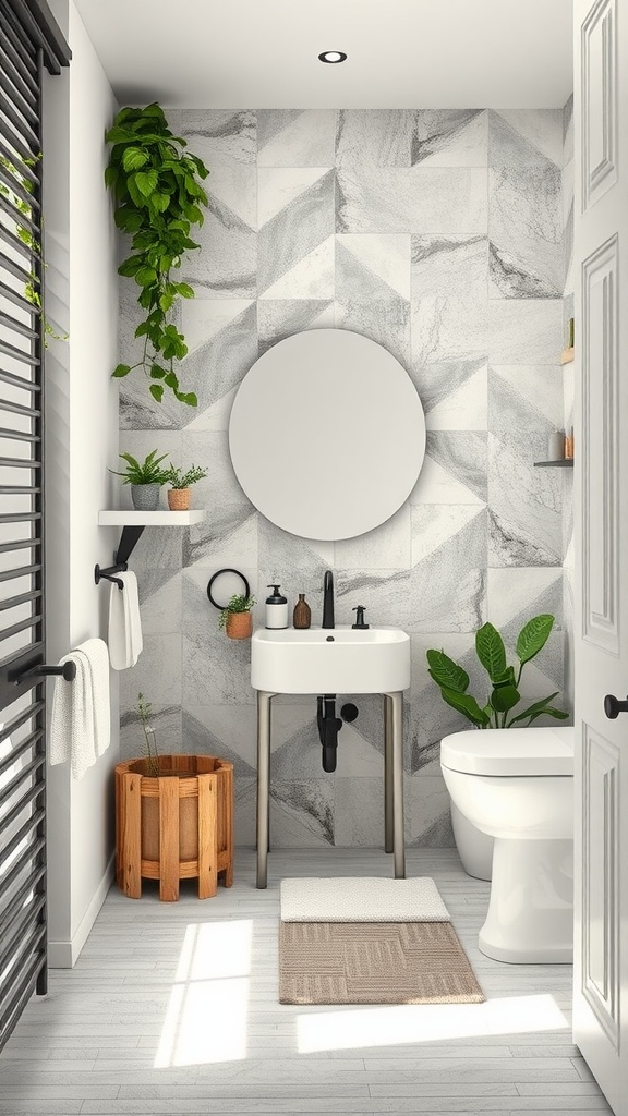 A modern bathroom featuring recycled tiles and plants, showcasing sustainability.