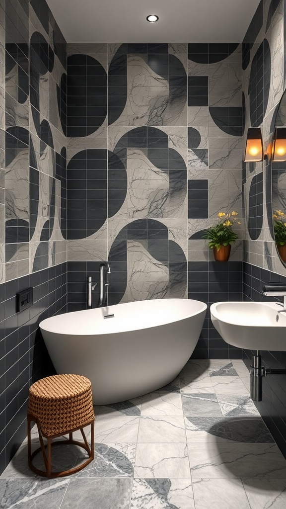 Modern bathroom featuring custom design tiles with unique patterns and textures.