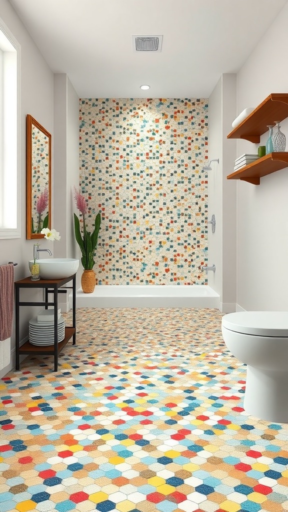 A modern bathroom featuring colorful mosaic accent tiles on the floor and wall.