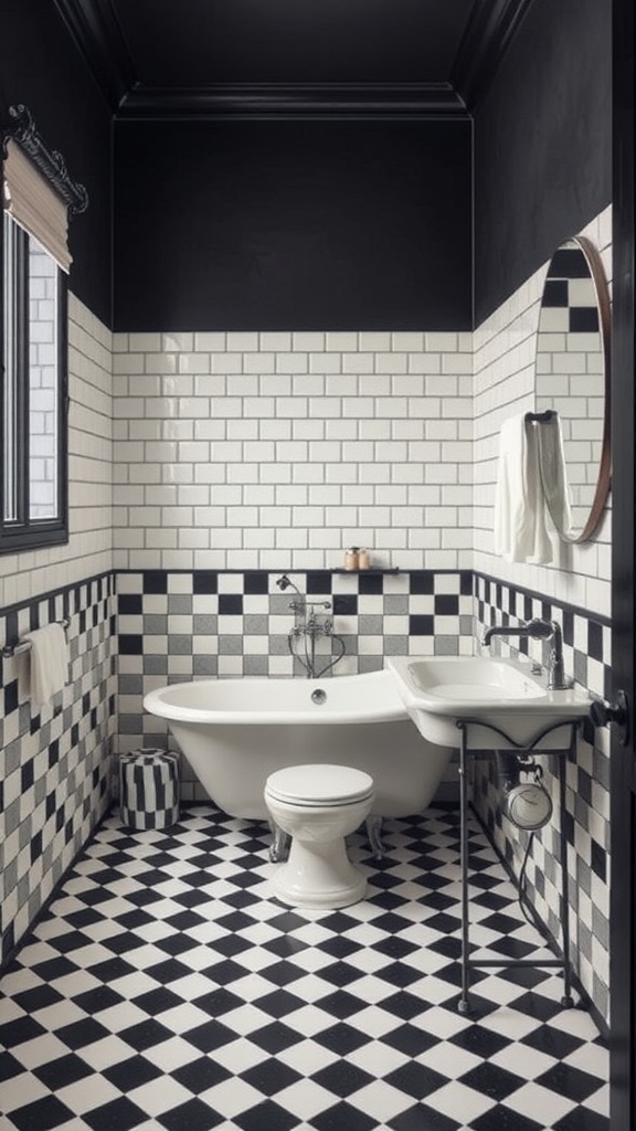 Modern bathroom with black and white checkerboard tile flooring.
