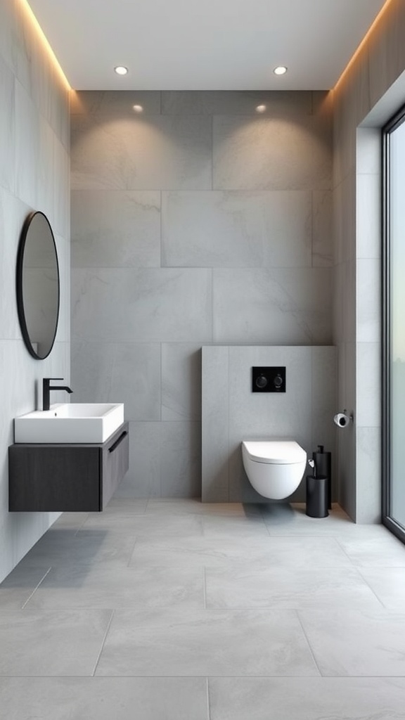 A modern bathroom featuring grey concrete flooring, minimalist design with a floating vanity and a round mirror.