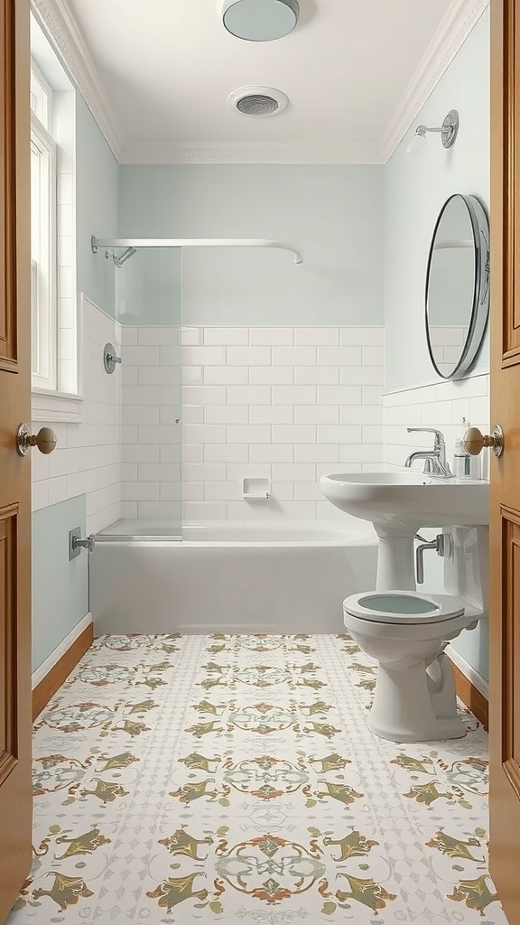 A stylish bathroom featuring classic linoleum flooring with a beautiful floral design.