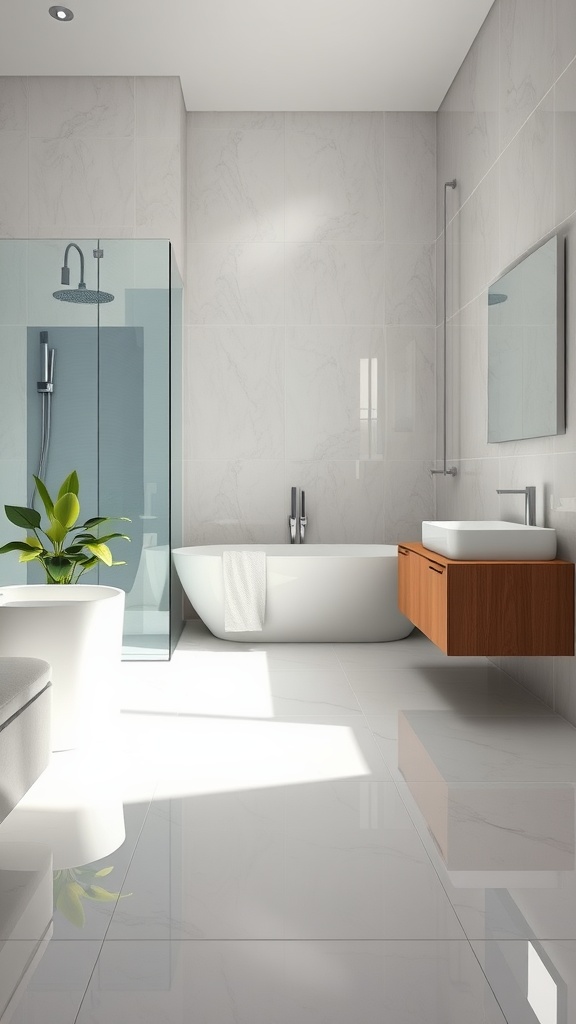 A modern bathroom featuring glossy finish laminate flooring, a freestanding tub, and a stylish shower.