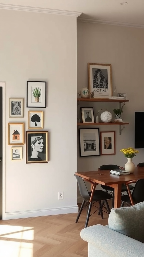 A stylish living room and dining room combo featuring wall decor, including framed art and shelves with plants.