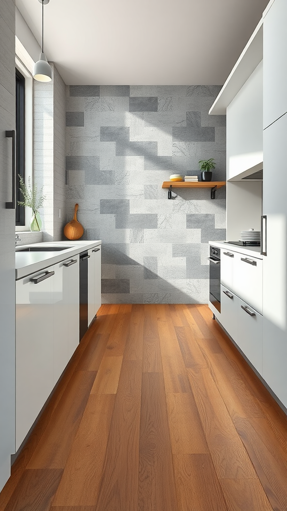 A modern kitchen showcasing contrasting tile and wood flooring.