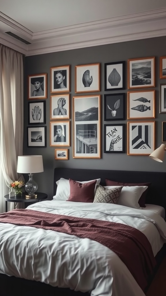 A cozy bedroom featuring a gallery wall of black-and-white framed artwork, a neatly made bed, and a bedside lamp.