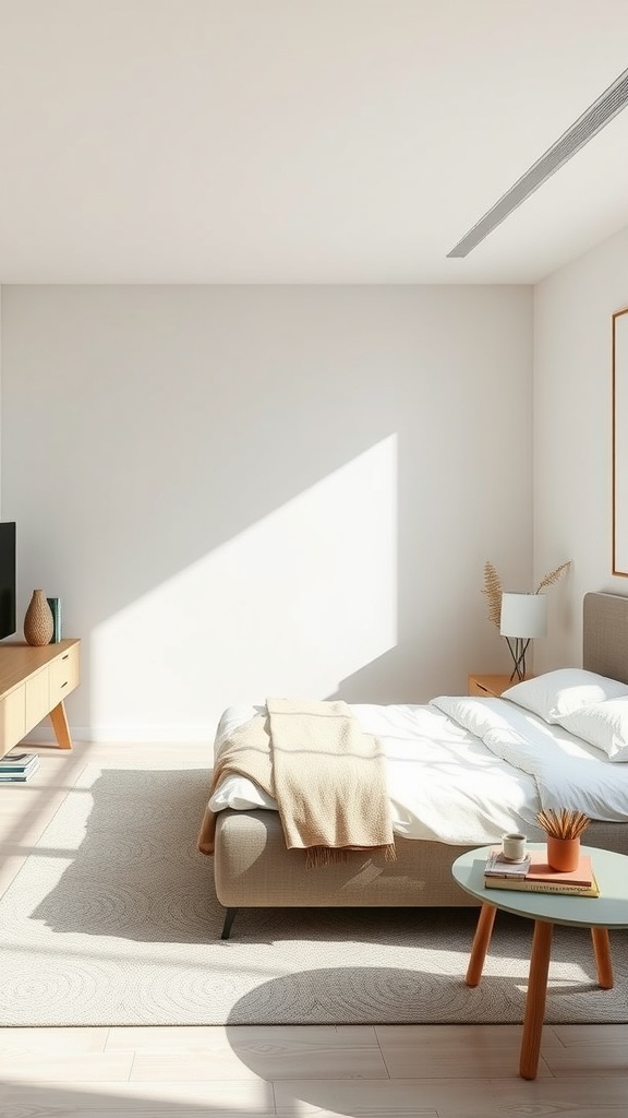 A bright and minimalist bedroom featuring a cozy bed, natural light, and simple decor.