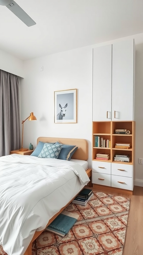A neatly organized bedroom featuring a bed, a wardrobe, and open shelving.