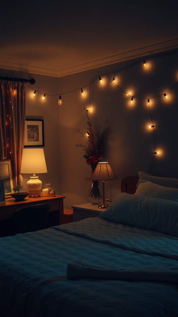 A cozy bedroom with warm mood lighting, featuring string lights and a bedside lamp.