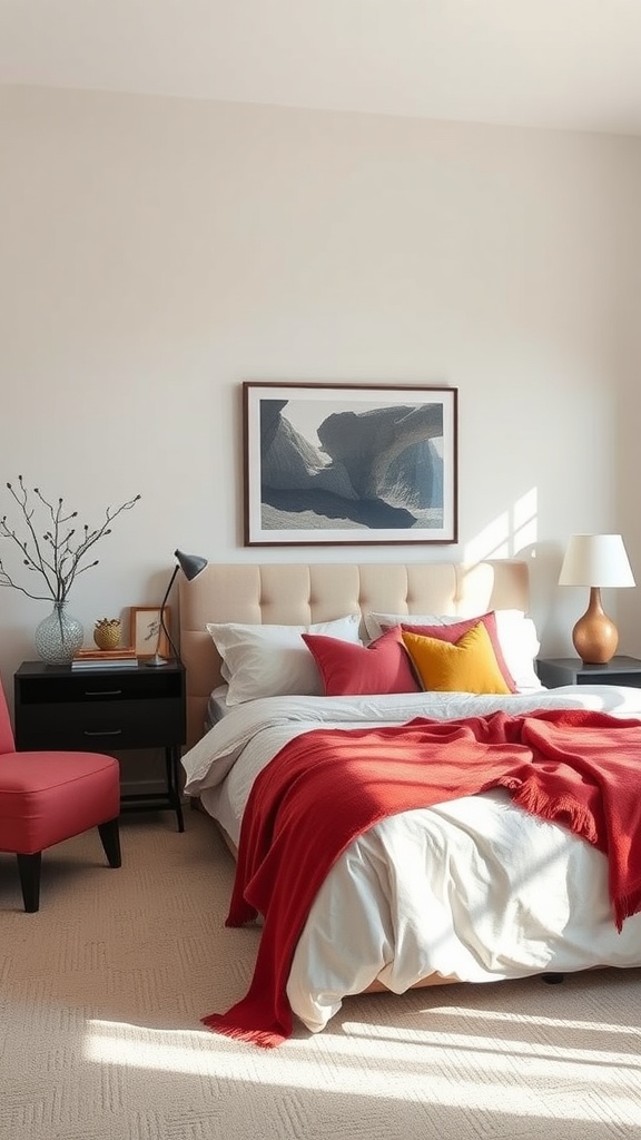A beautifully styled bedroom featuring soft neutral walls, a bed with a cozy red throw, and colorful accent pillows.