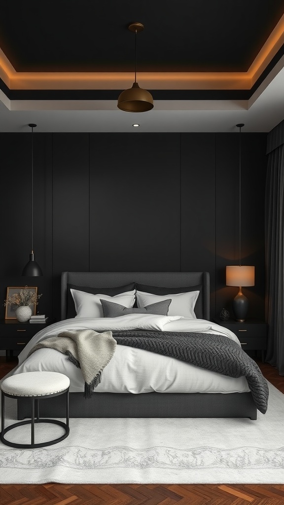 A sophisticated dark-themed bedroom featuring a black wall, cozy bed with gray and white bedding, modern lighting, and a stylish stool.