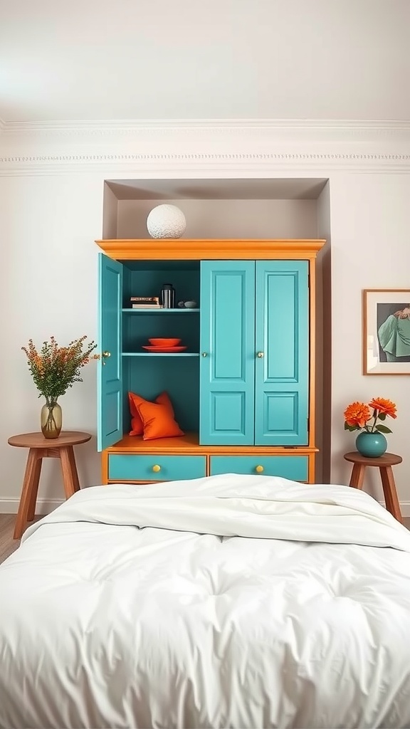 A vibrant turquoise cupboard with orange accents in a bedroom, showcasing decorative items and colorful cushions.