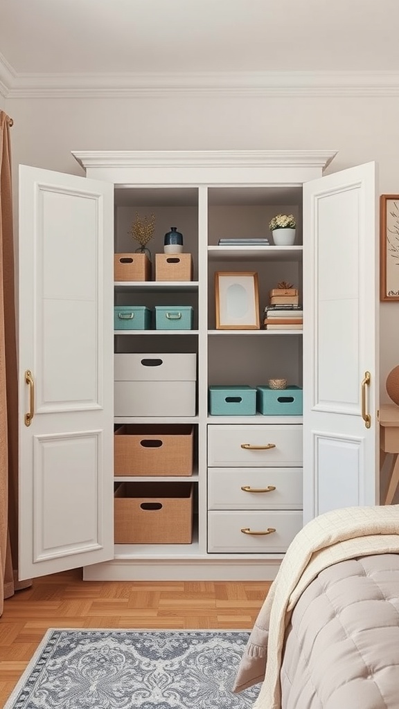 A stylish white cupboard with colorful storage boxes and decor items, showcasing effective color coordination in a bedroom.