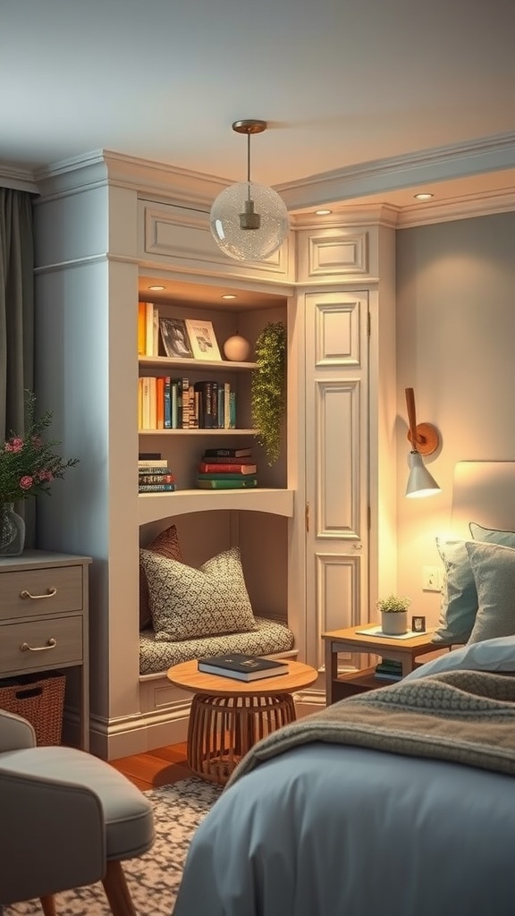 Cozy reading nook integrated with cupboard in a bedroom, featuring shelves, cushions, and warm lighting.