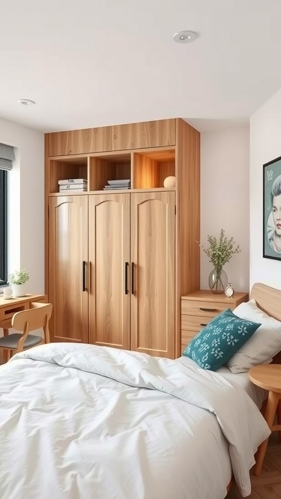 Stylish wooden cupboard in a small bedroom with open shelves and closed storage.