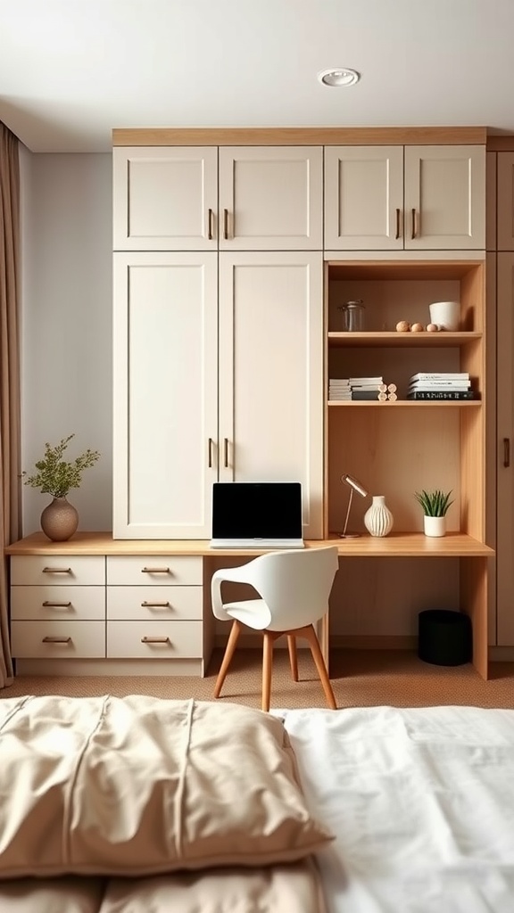 A stylish bedroom cupboard with an integrated desk, featuring light colors and wood accents.