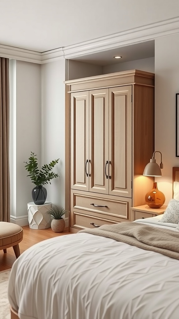 A cozy bedroom featuring a custom built-in wooden cupboard, plants, and a warm color palette.