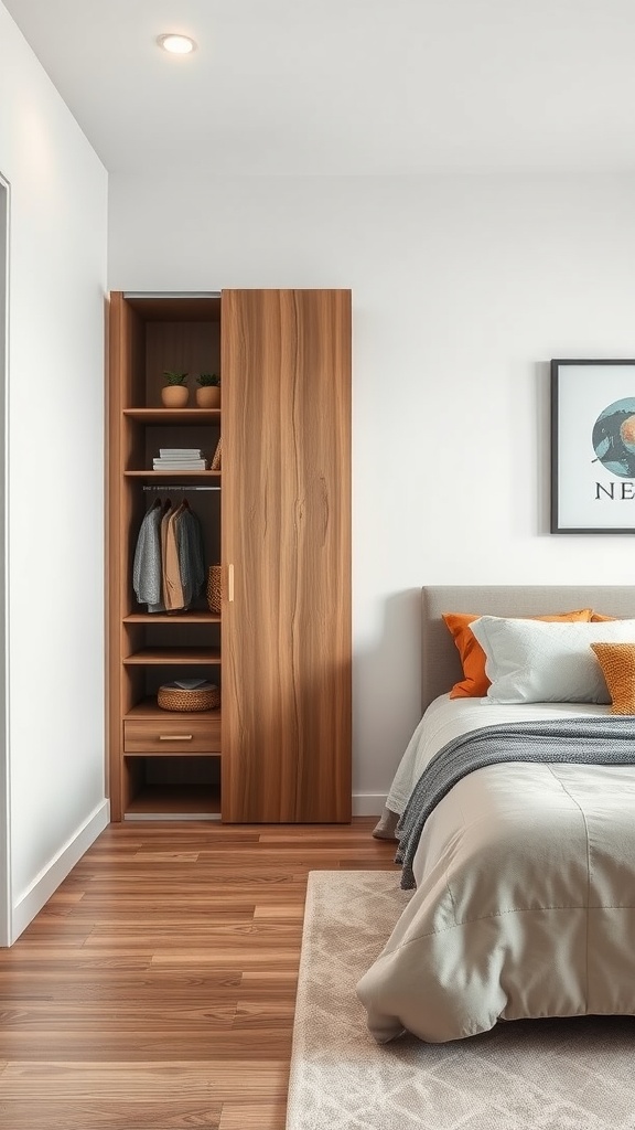 Modern bedroom with a wooden cupboard featuring sliding doors, open shelves, and a cozy bed.