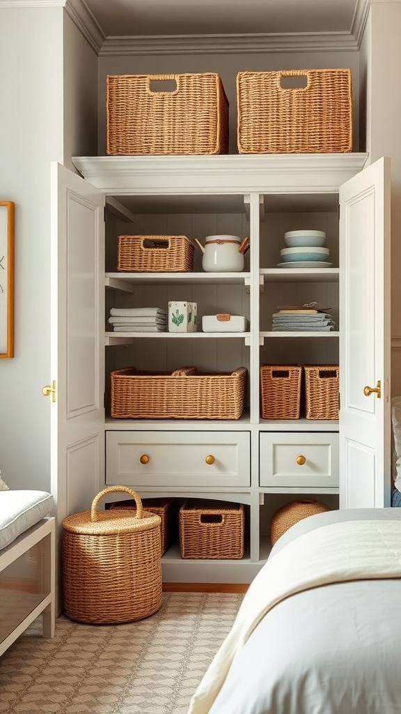 A well-organized bedroom cupboard featuring woven baskets and containers.