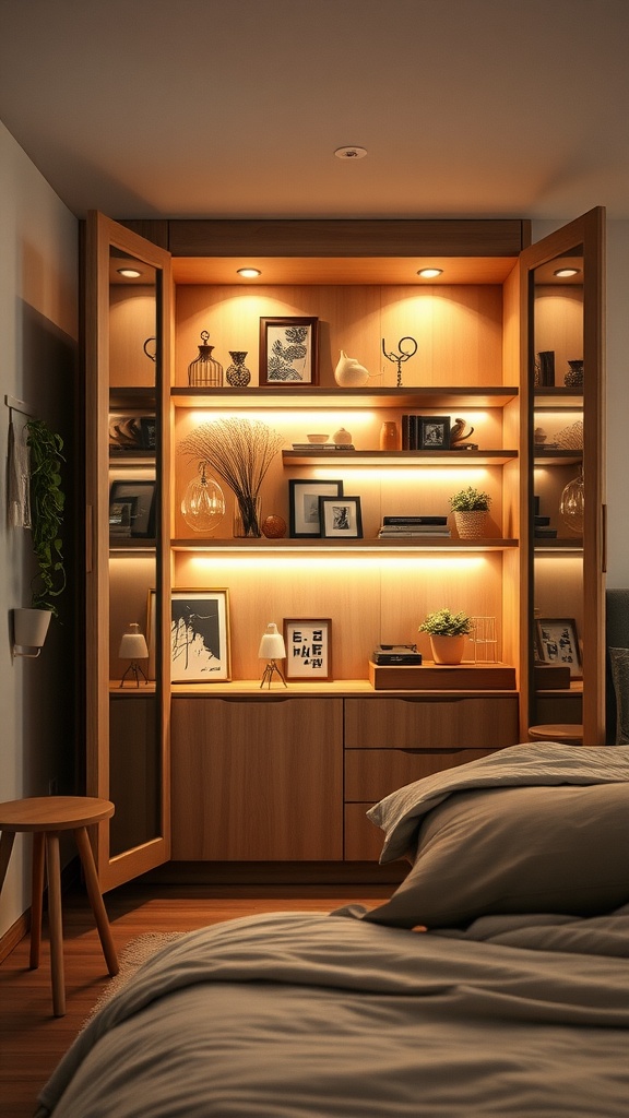 A stylish cupboard with warm lighting, showcasing decorative items and books in a cozy bedroom setting.