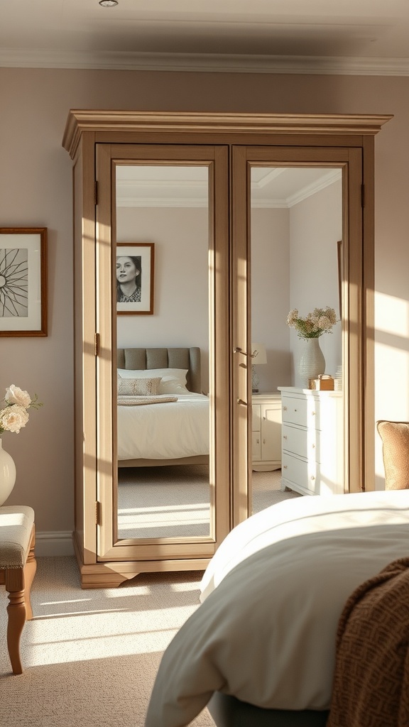 A wooden cupboard with mirrored doors in a cozy bedroom setting.