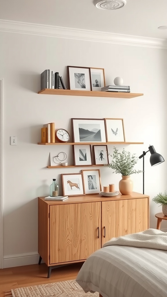 A cozy bedroom with open shelving above a wooden cupboard, displaying books and decorative items.
