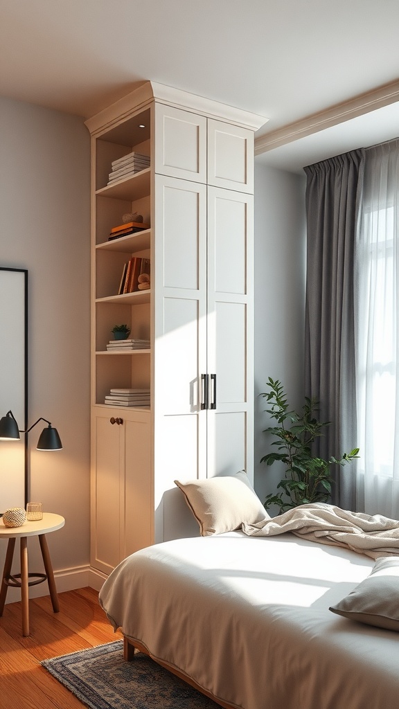 A tall cupboard in a bedroom with open shelves and closed storage, next to a bed and a side table.