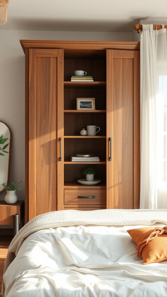 A wooden cupboard with black handles in a cozy bedroom setting, featuring decorative items on the shelves.