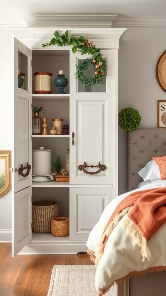 A stylish cupboard with seasonal decor items, including vases and a wreath, in a cozy bedroom setting.