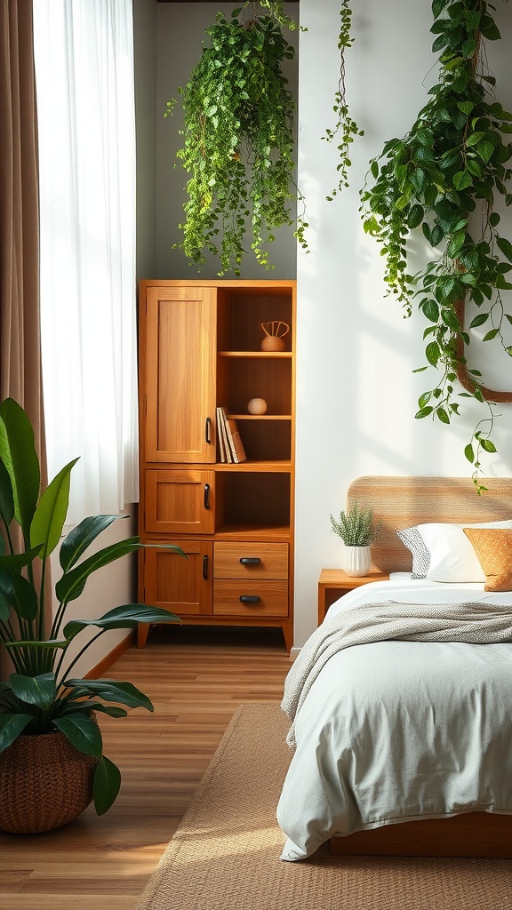 A cozy bedroom featuring a wooden cupboard, plants, and natural light.