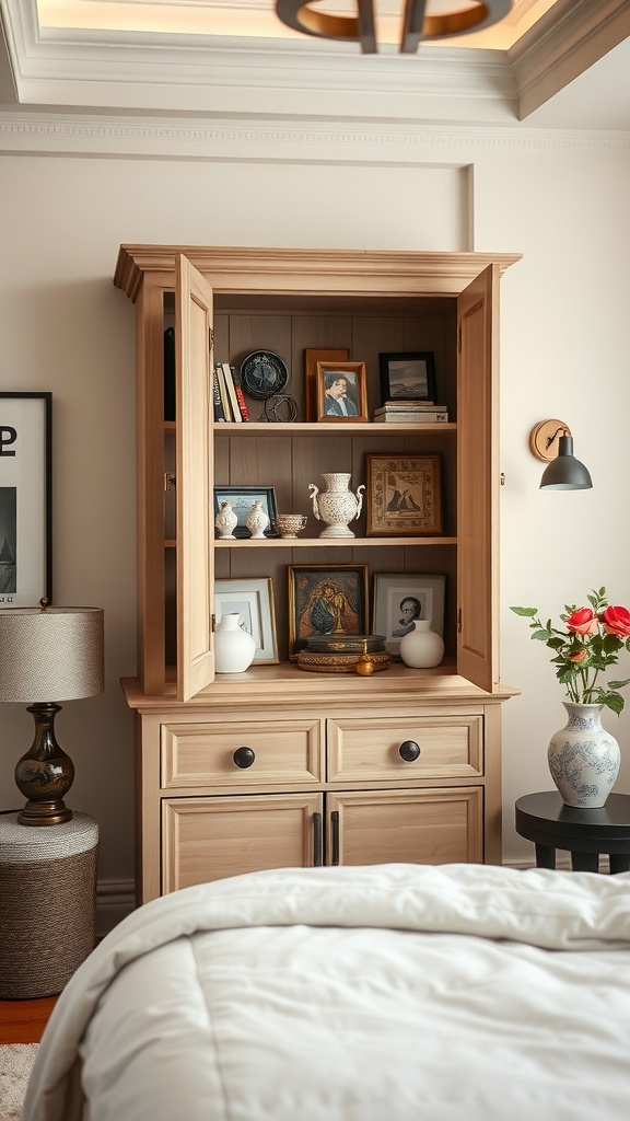 A wooden cupboard displaying personal collections including photos and decorative items in a cozy bedroom.