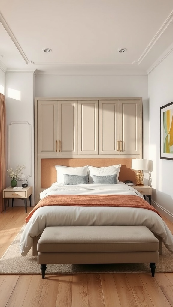 A cozy bedroom featuring a stylish cupboard, bed with warm bedding, and wooden flooring.