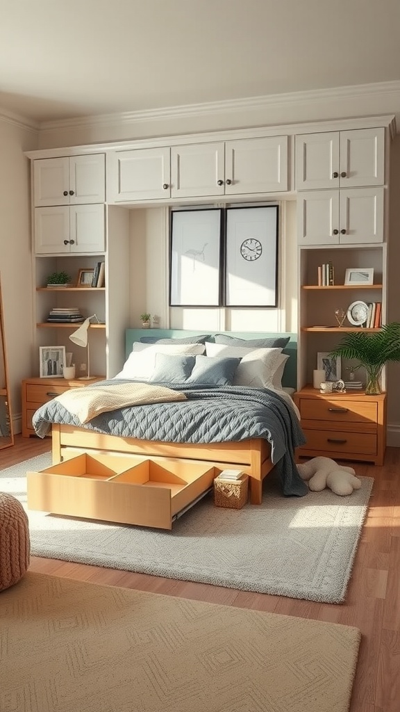 A cozy bedroom featuring a bed with under-bed cupboards for extra storage, complemented by warm wood tones and natural light.