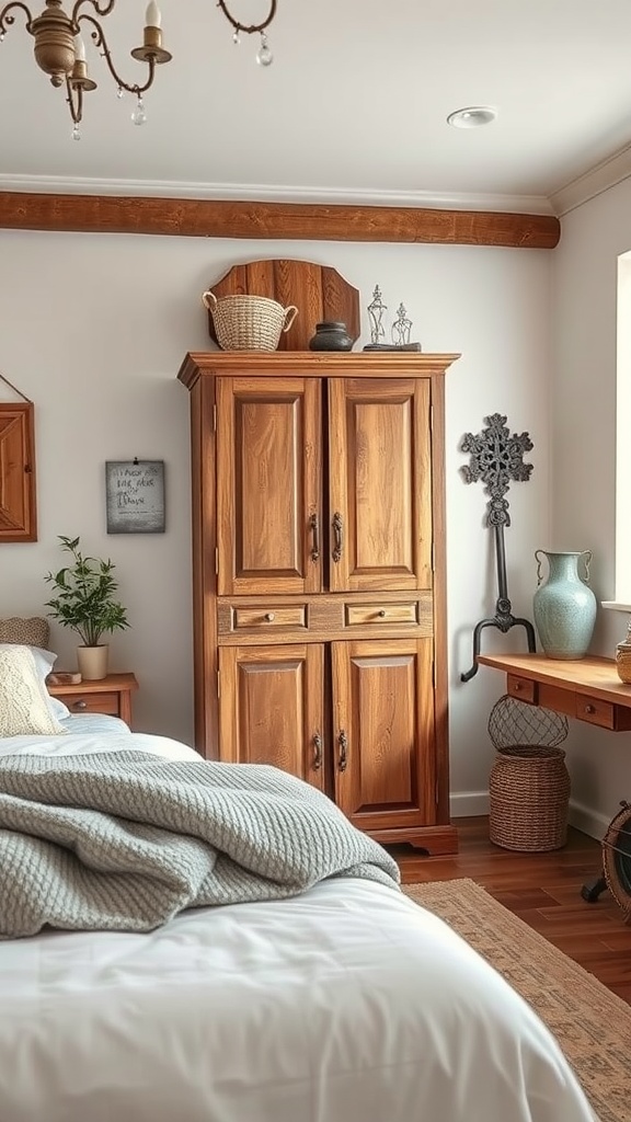 A vintage wooden cupboard in a cozy bedroom setting